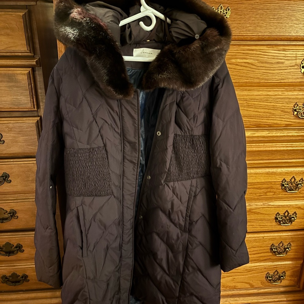 Tahari Dark Purple Quilted Coat with Faux Fur Collar